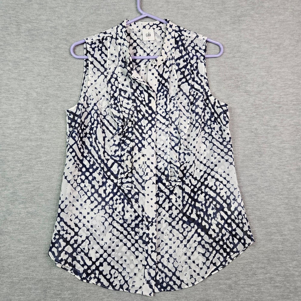 Cabi Navy White Abstract Dot Ruffle Front Sleeveless Blouse Style Size Small